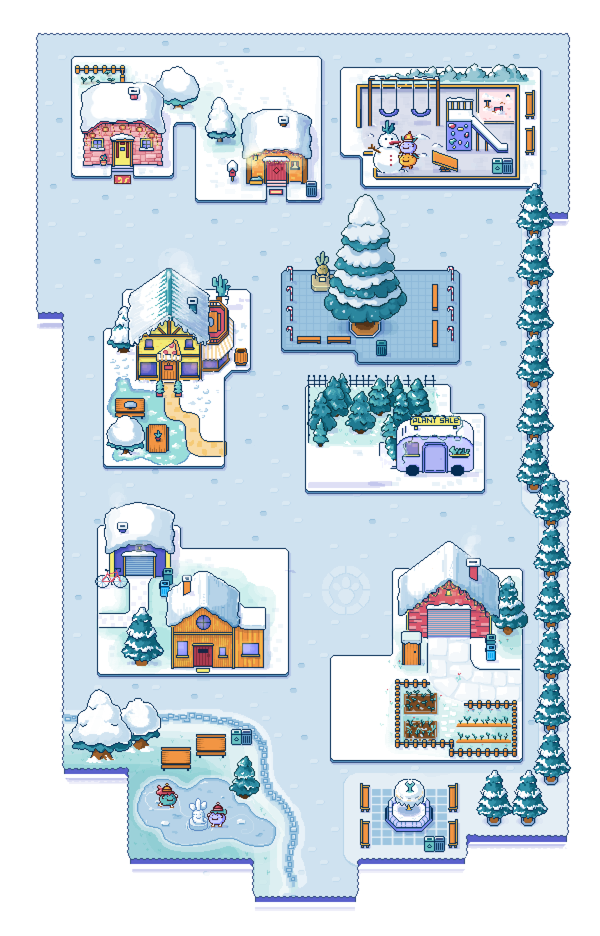 An illustration in the style of pixel art of a fictional village. The village contains the house from which the radish just exited, as well as several small islands with one vendor and their house each. There is a footpath along which the radish walks as they interact with the various vendors. There is also a small lake with radishes playing around it, a fountain, a playground, and some trees.